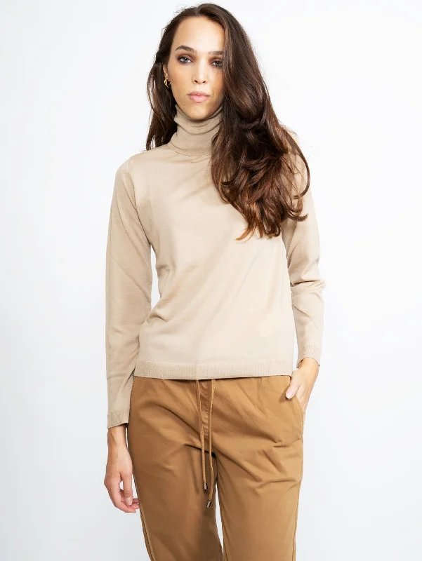 Maglia in Lana Fine con Collo Alto Beige