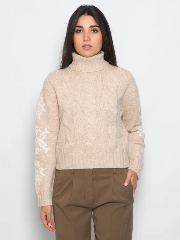 Maglia Collo Alto a Treccia con Strass Beige