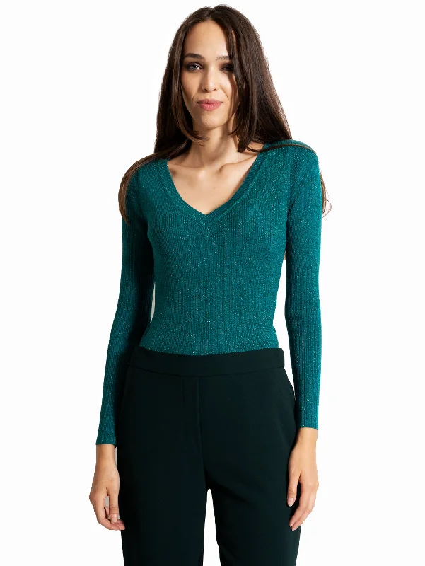 Maglia con Scollo a V in Lurex Verde