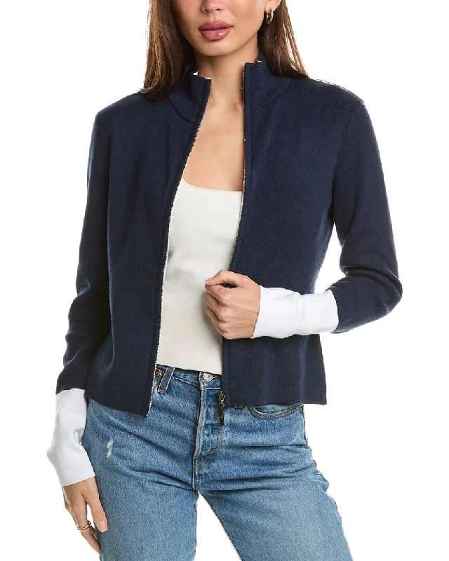 Forte Cashmere Contrast Trim Zip Mock Cardigan