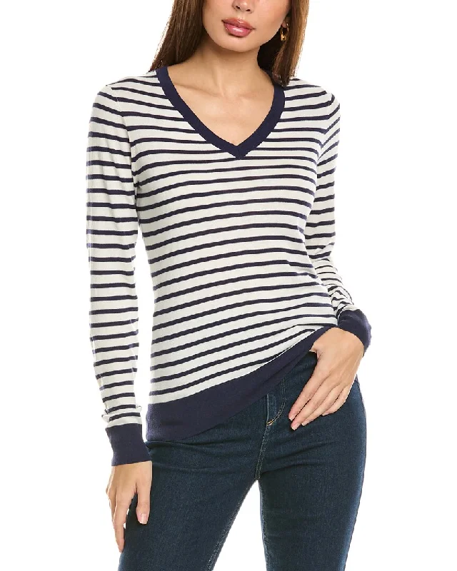 Forte Cashmere Fitted Stripe V-Neck Silk & Cashmere-Blend Sweater