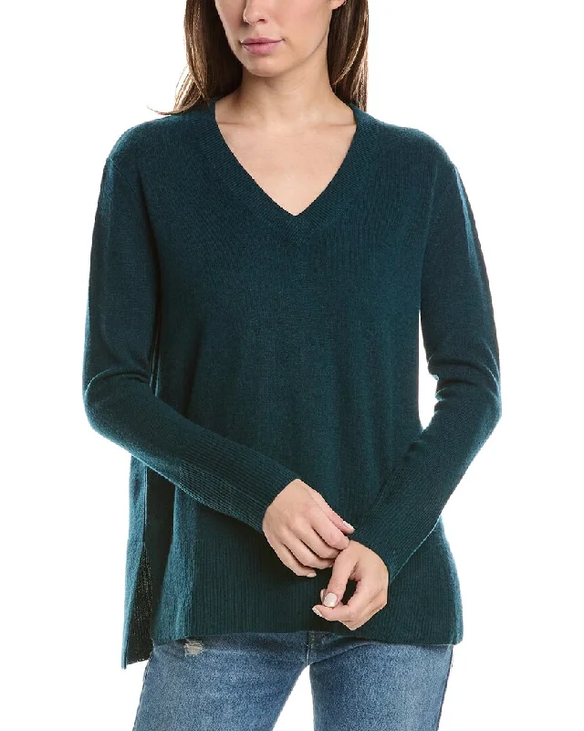 Forte Cashmere High-Low Seamed V-Neck Cashmere Sweater