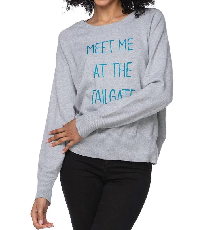 ""meet Me At The Tailgate"" Embroidered Sweater In Grey