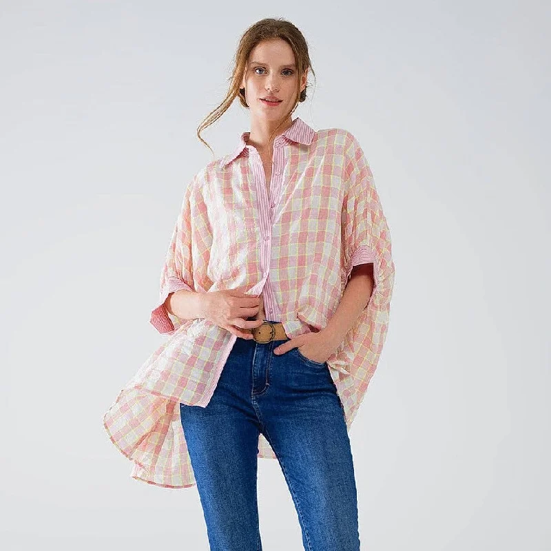 Oversized Check Print Shirt in Pink and White