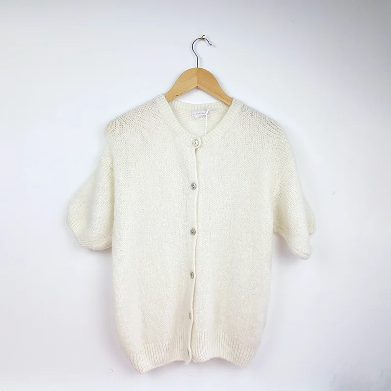 Short Sleeve Alpaca Cardigan-Blanc