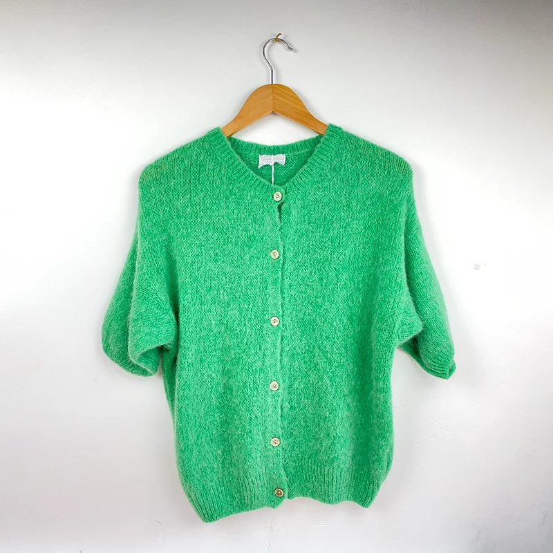 Short Sleeve Alpaca Cardigan-Green