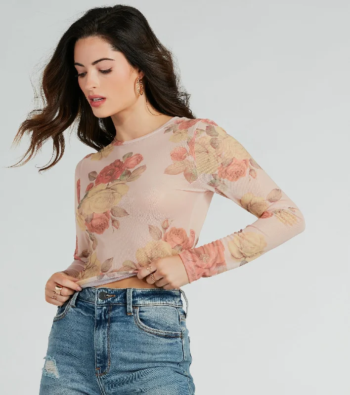 Elevate The Charm Long Sleeve Floral Mesh Crop Top