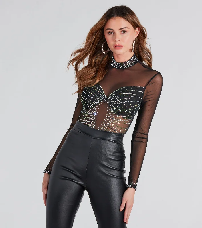 Rising Star Rhinestone Mock Neck Mesh Bodysuit