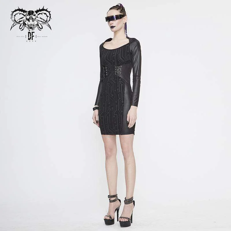 Women's Gothic Black Long Sleeved Short Shift Dresses with Lace