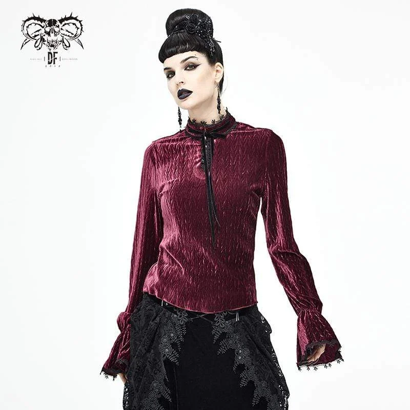 Women's Gothic Floral Embroidered Splice Red Velvet Top