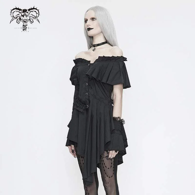 Women's Gothic Irregular Off Shoulder Black Pleated Blouse