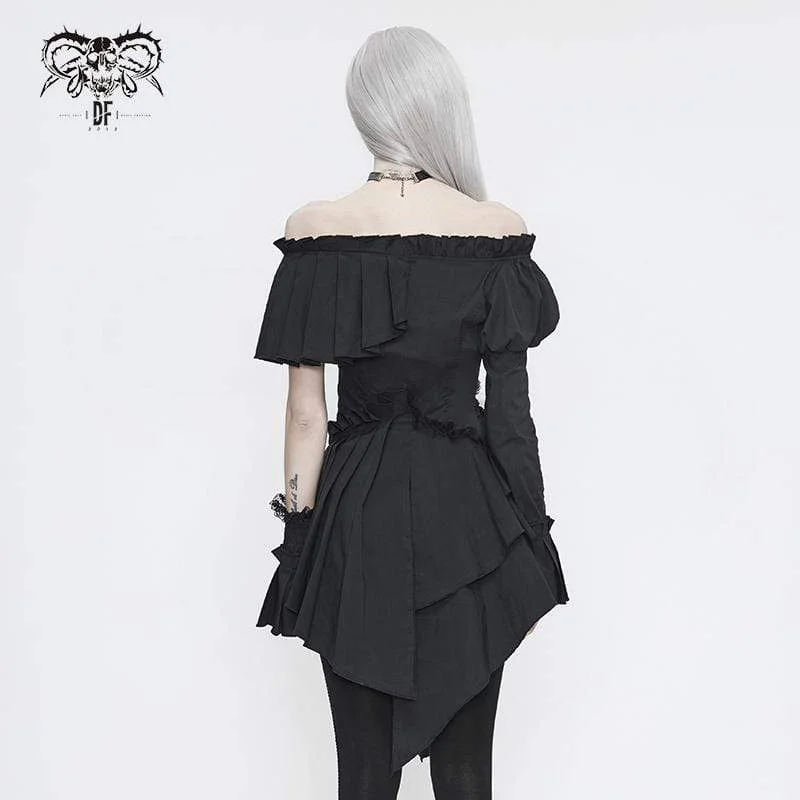 Women's Gothic Irregular Off Shoulder Black Pleated Blouse