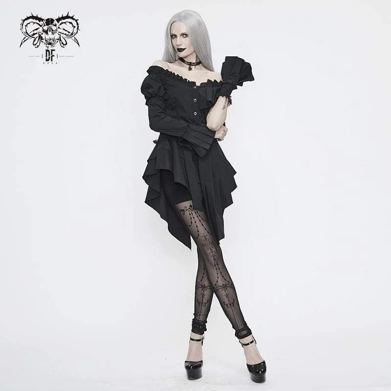 Women's Gothic Irregular Off Shoulder Black Pleated Blouse