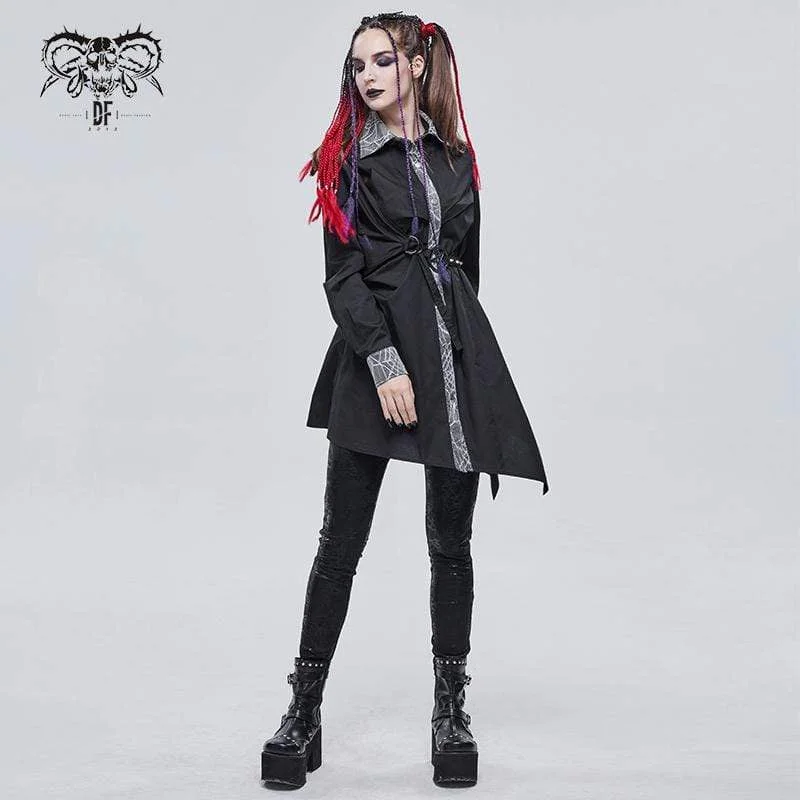 Women's Gothic Mesh Splice Irregular Ruched Shirt Black