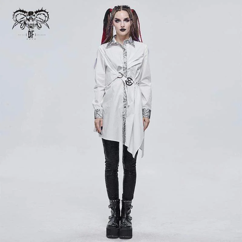 Women's Gothic Mesh Splice Irregular Ruched Shirt White