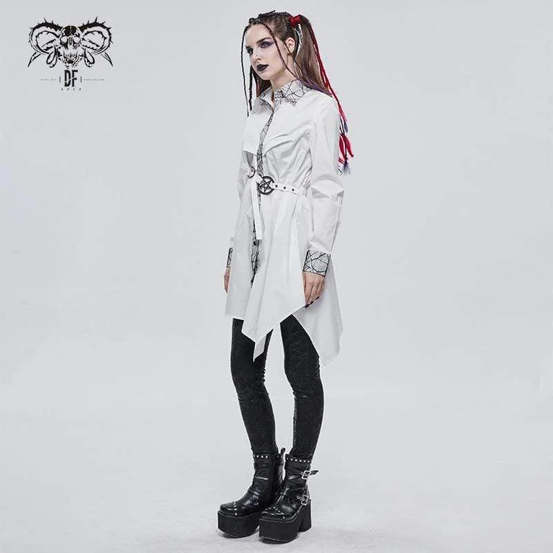 Women's Gothic Mesh Splice Irregular Ruched Shirt White