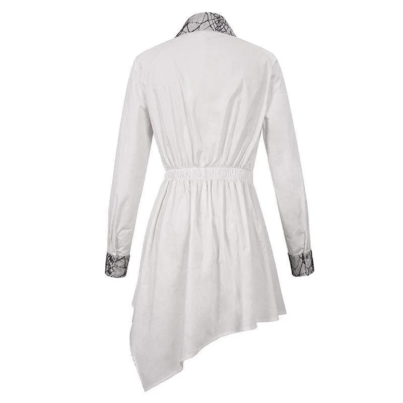 Women's Gothic Mesh Splice Irregular Ruched Shirt White