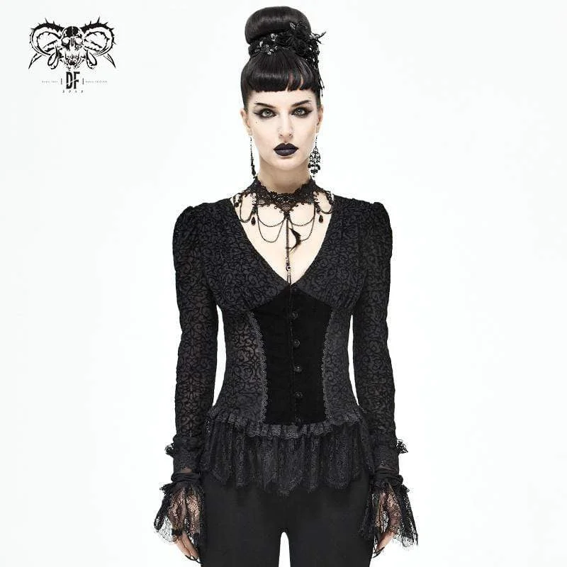 Women's Gothic Plunging Lace Splice Black Blouse