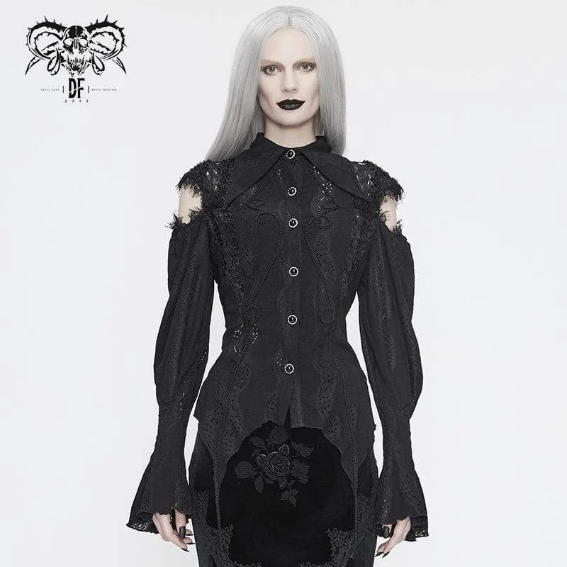 Women's Gothic Punk Black Full Sleeved Asymmetrical Lace and Cord Detail Shirt