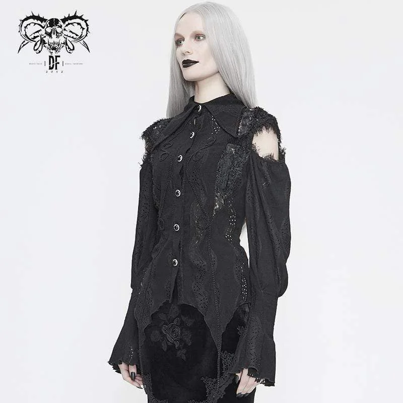 Women's Gothic Punk Black Full Sleeved Asymmetrical Lace and Cord Detail Shirt