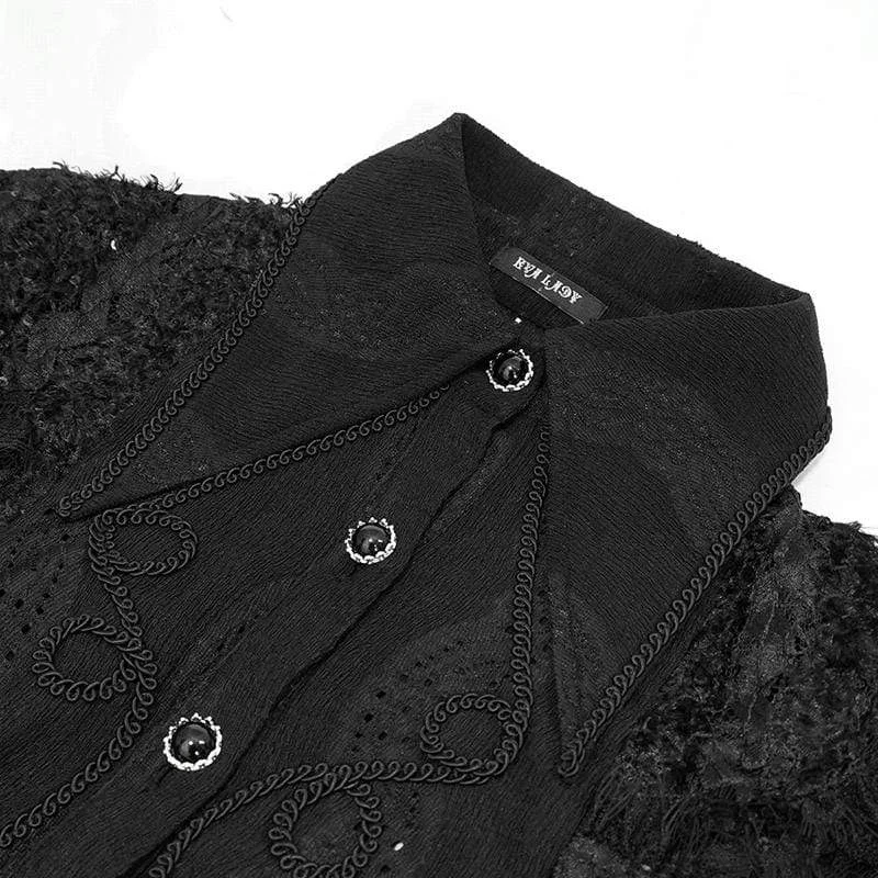 Women's Gothic Punk Black Full Sleeved Asymmetrical Lace and Cord Detail Shirt