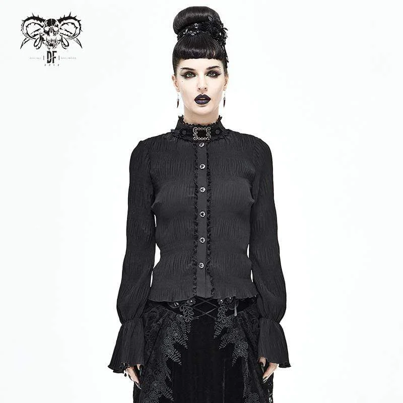 Women's Gothic Stand-up Collar Puff Sleeved Black Shirt