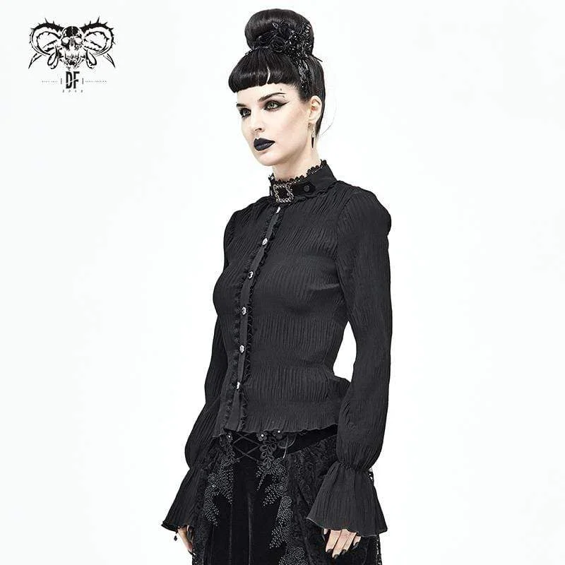 Women's Gothic Stand-up Collar Puff Sleeved Black Shirt