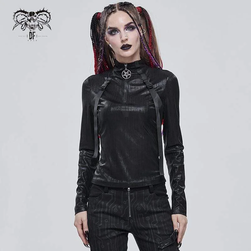 Women's Gothic Stickup Buckles Zipper Top