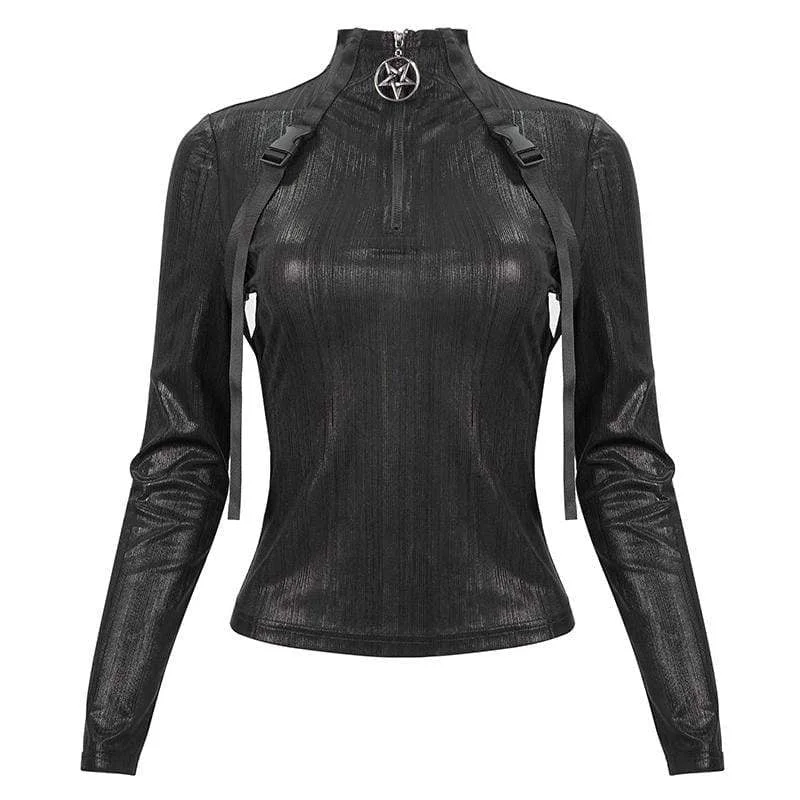 Women's Gothic Stickup Buckles Zipper Top