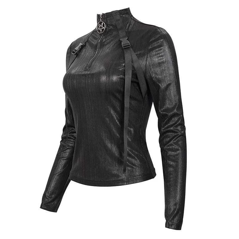 Women's Gothic Stickup Buckles Zipper Top