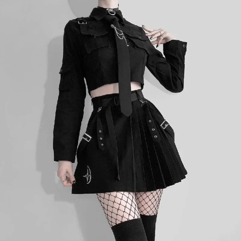 Women's Grunge Long Sleeved Black Suit with Belt