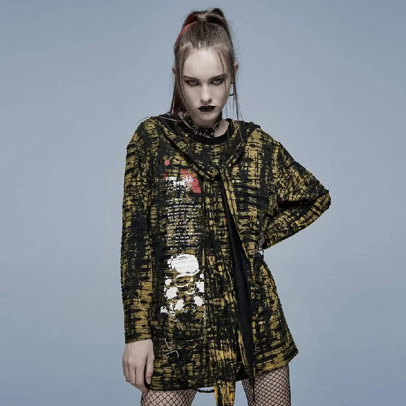 Women's Grunge Skull Printed Ripped Shirt with Detachable Hood