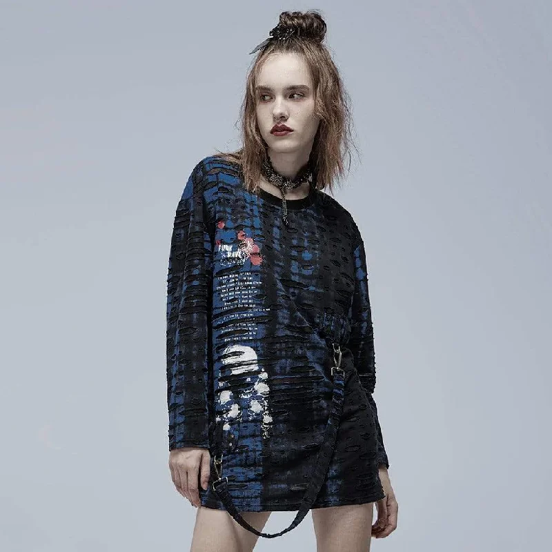 Women's Grunge Skull Printed Ripped Shirt with Detachable Hood