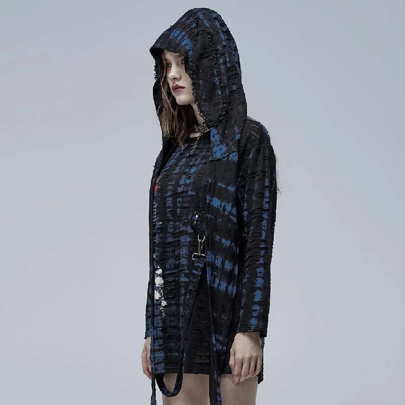 Women's Grunge Skull Printed Ripped Shirt with Detachable Hood