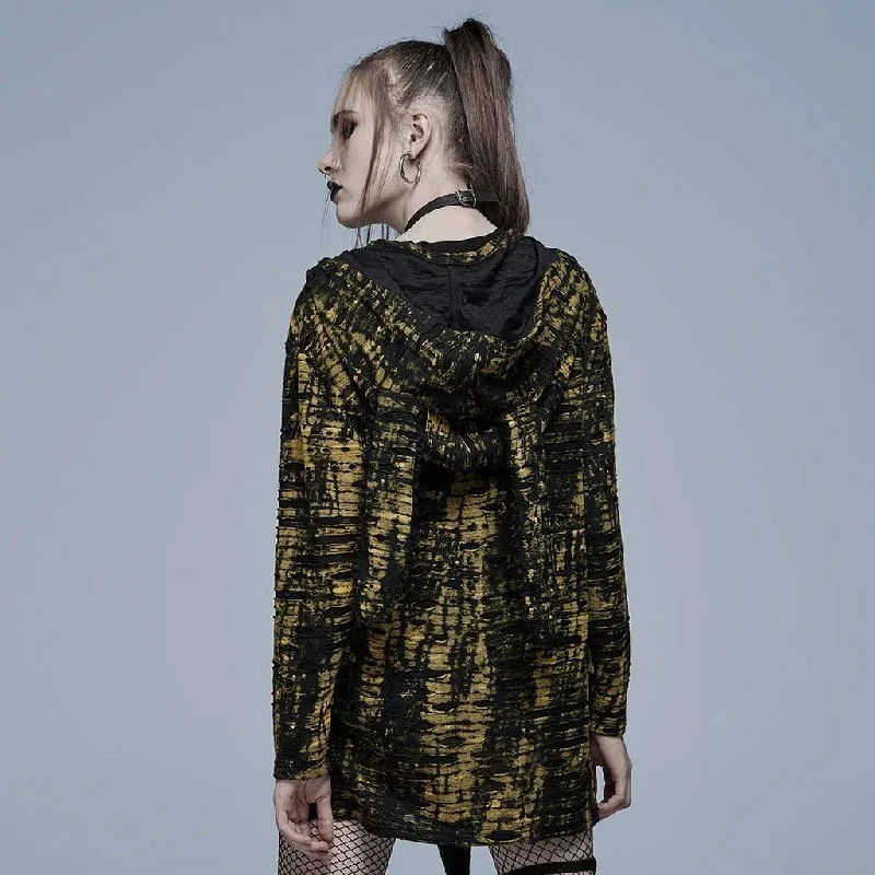 Women's Grunge Skull Printed Ripped Shirt with Detachable Hood