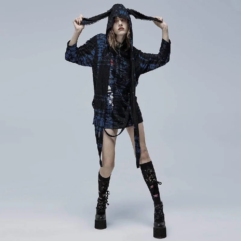 Women's Grunge Skull Printed Ripped Shirt with Detachable Hood