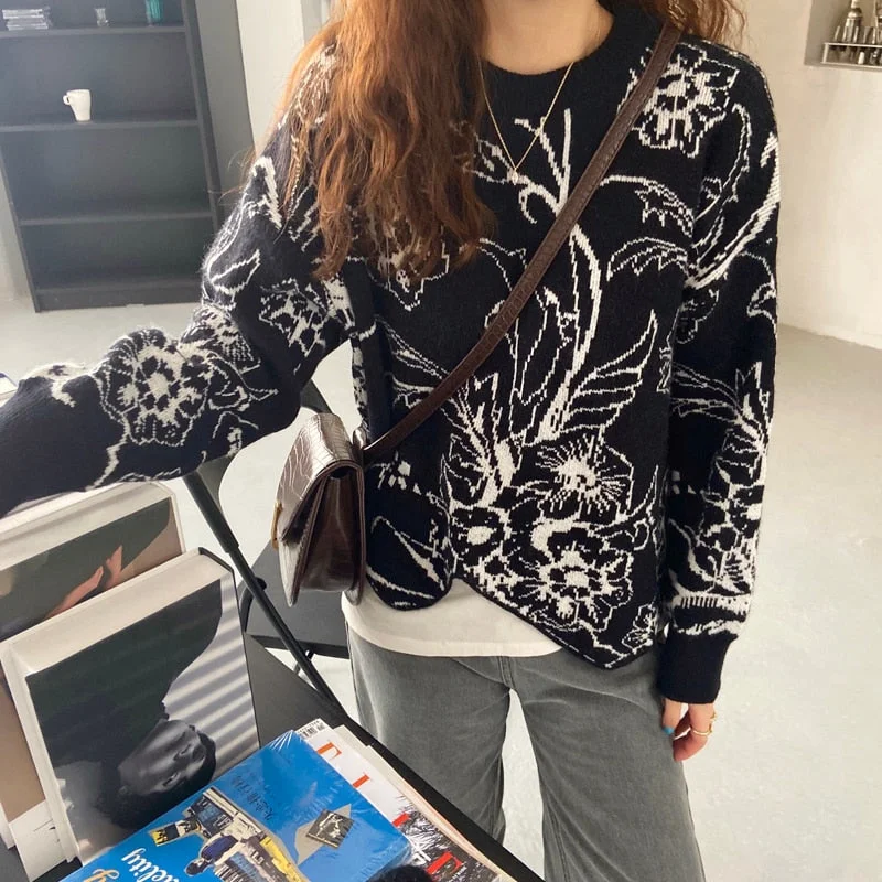 Chic Women Retro O-Neck Knitwear Floral Printing Sweater