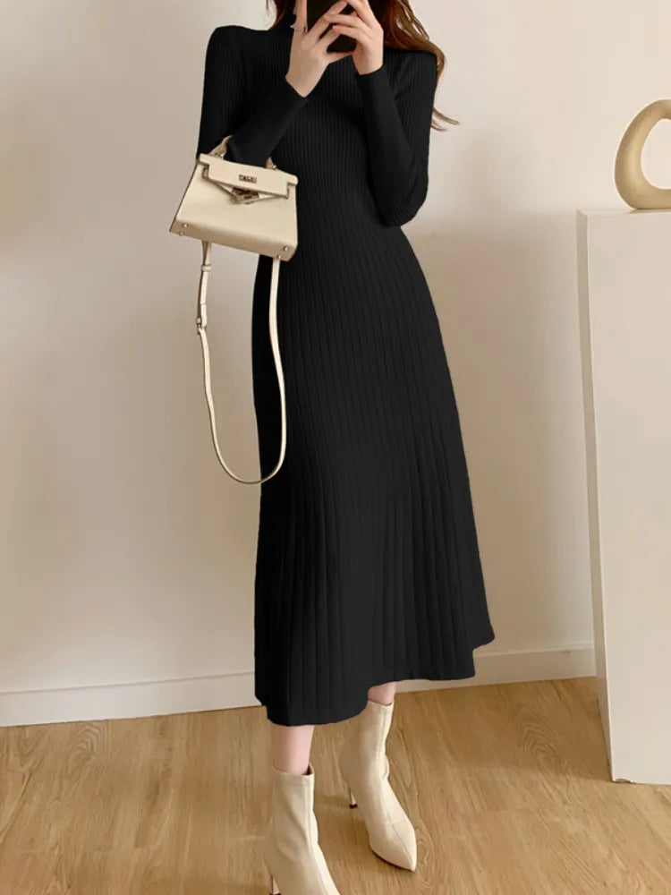 Autumn Winter Slim Long Sleeve Party Midi Dress for Women Knitted Half High Collar Elegant Knitted Sweater Dresses Ladies