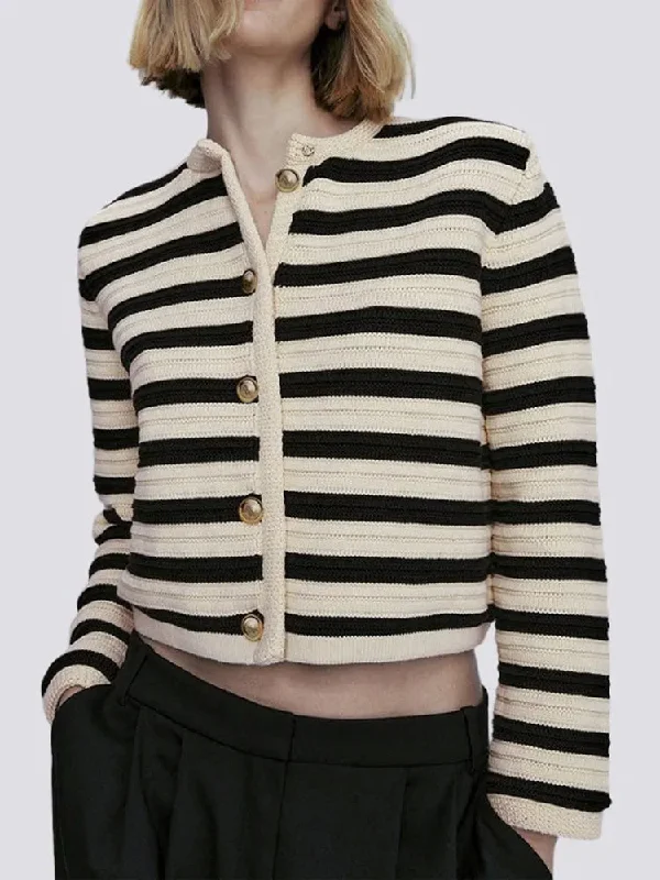 Chic Office Ladies Cardigan Casual Striped O-Neck Outerwear with Long Sleeves and Single-Breasted Design, Perfect for Autumn and Winter Fashion Knitted Sweater