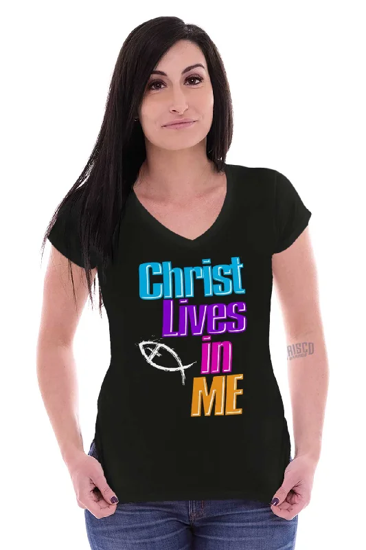 Christ Lives in Me Junior Fit V-Neck T-Shirt