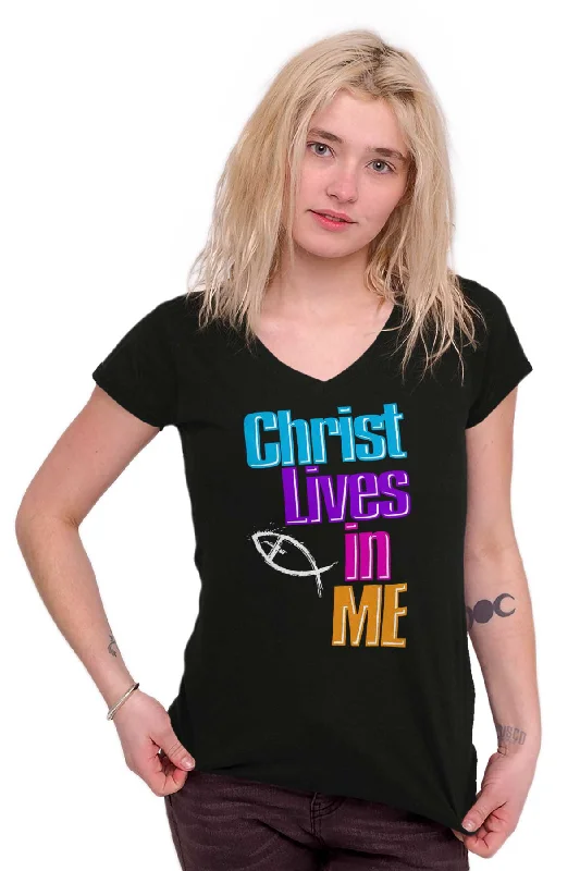 Christ Lives in Me Junior Fit V-Neck T-Shirt