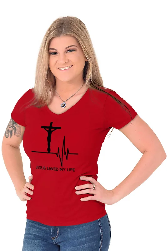 Jesus Saved My Life Junior Fit V-Neck T-Shirt