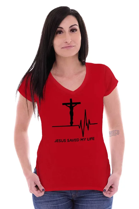 Jesus Saved My Life Junior Fit V-Neck T-Shirt