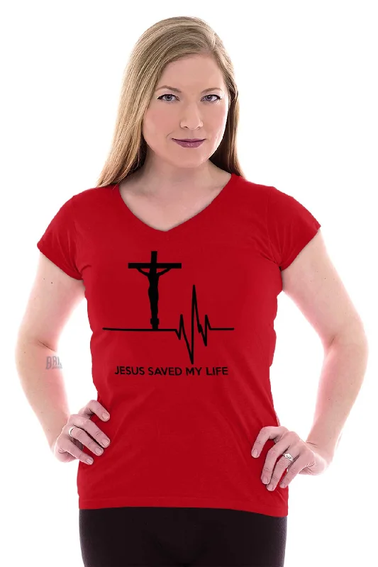 Jesus Saved My Life Junior Fit V-Neck T-Shirt