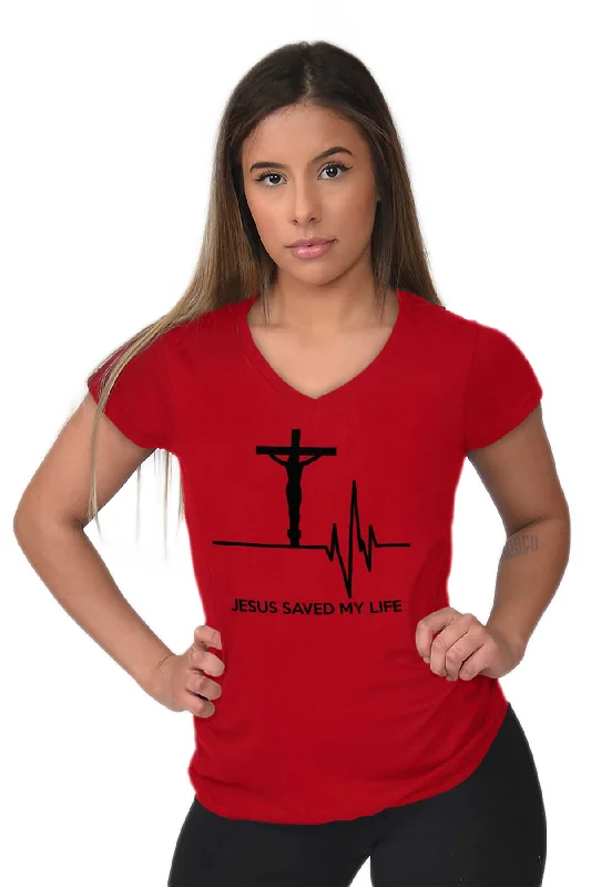 Jesus Saved My Life Junior Fit V-Neck T-Shirt