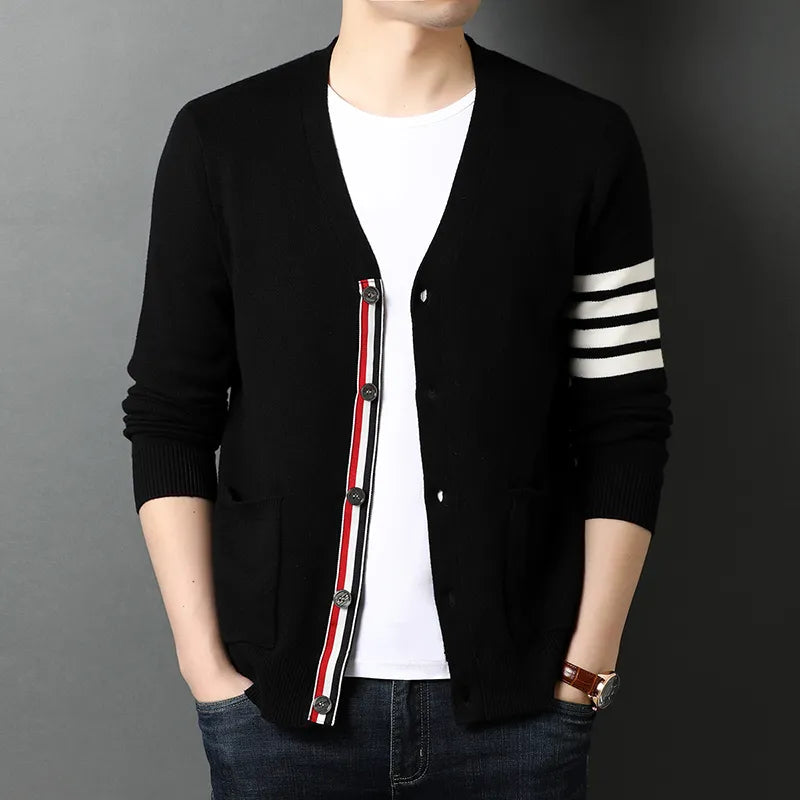 Popular 2024 Season Men's Three-Color Striped Cardigan Coat - Trendy Wool Knitwear Sweater Cardigan