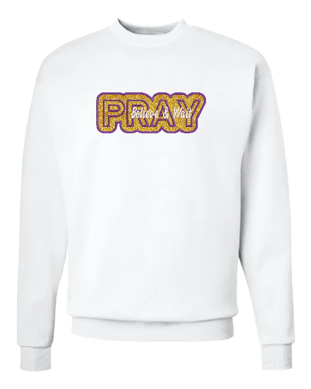 Shoulder Crewneck Sweatshirt Graphic with embroidered Pray, Believe & wait with gold Glitter background.