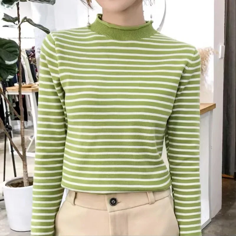 Women Striped Mock O Neck Sweaters Slim Elastic Long Sleeve Casual Pullovers Knitted Warm Tops For Women 2023 Autumn Winter