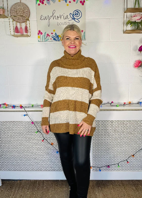 Dax Roll Neck Striped Jumper - Tan