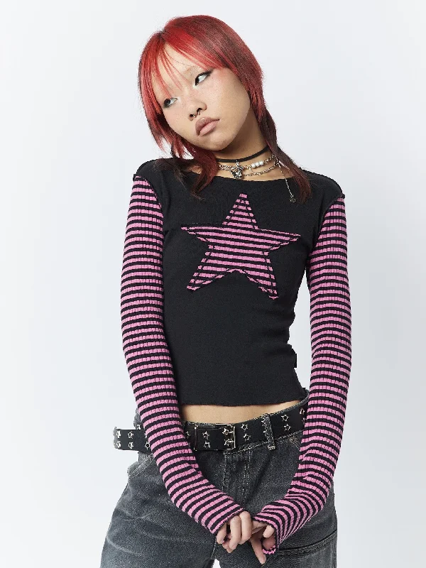 Lost Star Pink Black Striped Long Sleeve Top